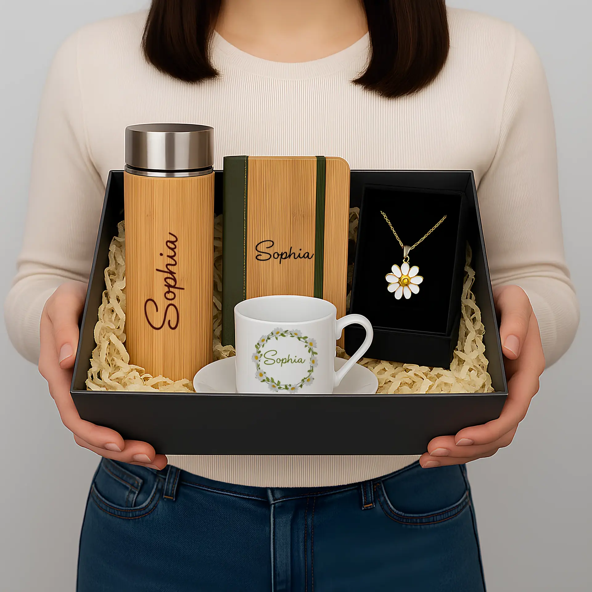 Kişiye Özel Hediye Kutusu   Bambu Termos, Defter, Kupa ve Papatya Kolye
