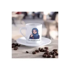 Tema Tasarım Mavi Eşarplı Kız Kalp Simgeli Tasarımlı Kişiye Özel Türk Kahvesi Fincanı ve Tabağı