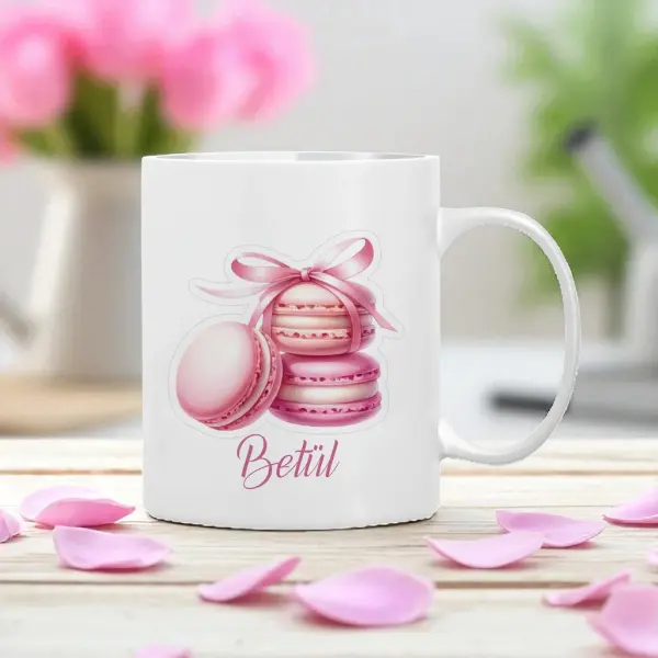 Pembe Makaron Desenli Kişiye Özel İsimli Kupa Bardak