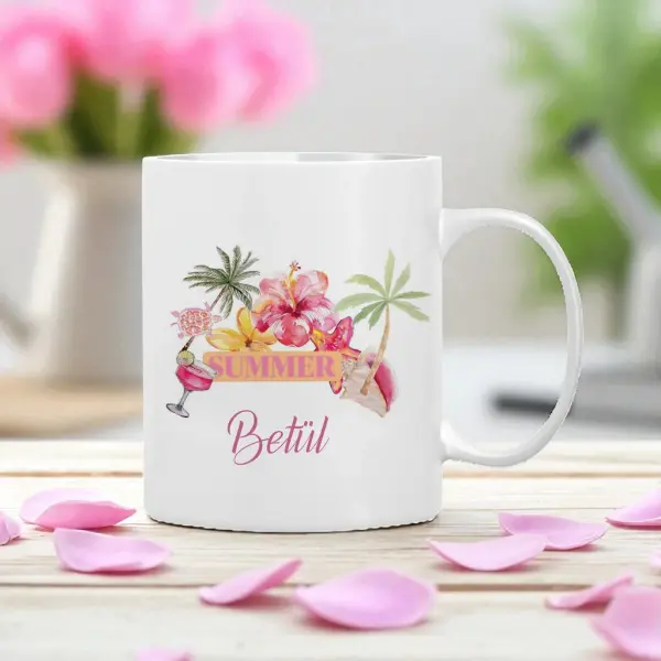 Yaz Temalı Tropikal Desenli Kişiye Özel Kupa Bardak