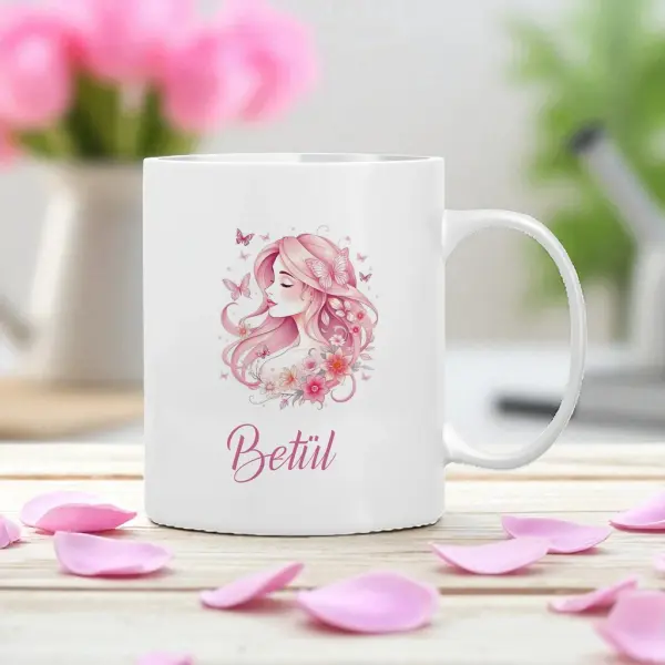 Çiçekli Kadın Figürlü Kişiye Özel Kupa Bardak