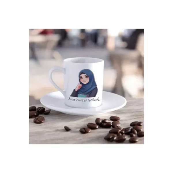 Tema Tasarım Sevimli Kız Tasarımlı Kişiye Özel Türk Kahvesi Fincanı ve Tabağı