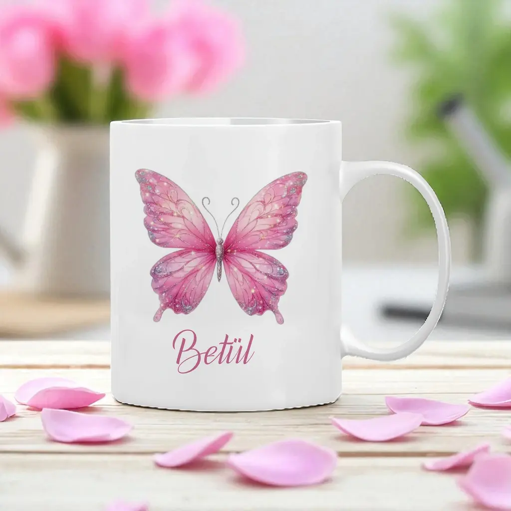 Kelebek Desenli Kişiye Özel Kupa Bardak
