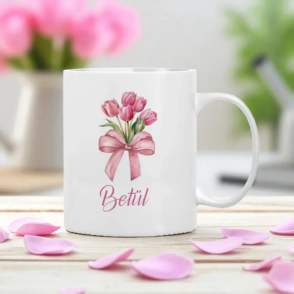 Lale Buketi Desenli Kişiye Özel Kupa Bardak