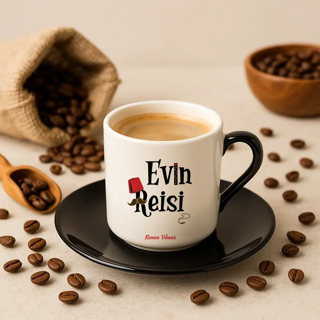 Evin Reisi Yazılı Siyah Kulplu Kahve Fincanı
