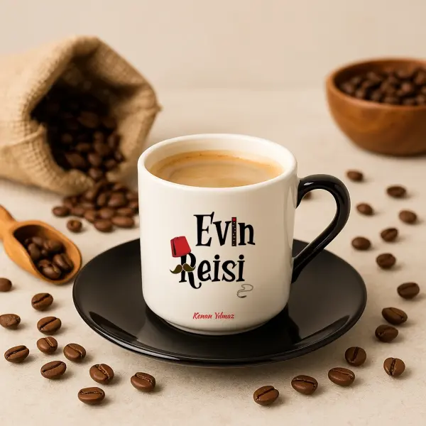 Evin Reisi Yazılı Siyah Kulplu Kahve Fincanı
