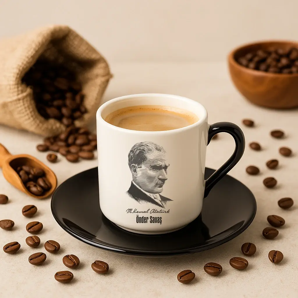 Atatürk Tasarımlı Siyah Kulplu Kahve Fincanı