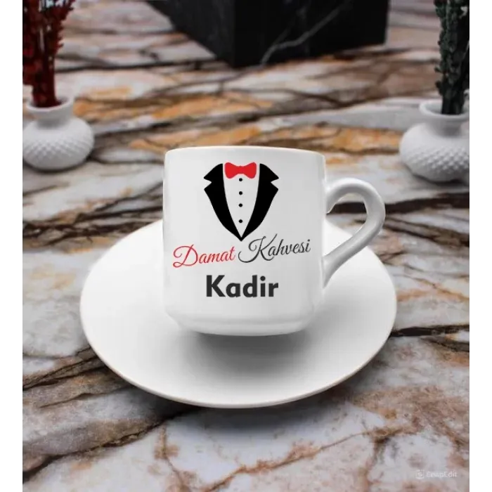 Kişiye Özel Kırmızı Siyah Tasarımlı Damat Fincanı