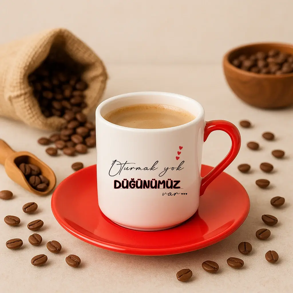 Düğünümüz Var Yazılı Kırmızı Kulplu Kahve Fincanı