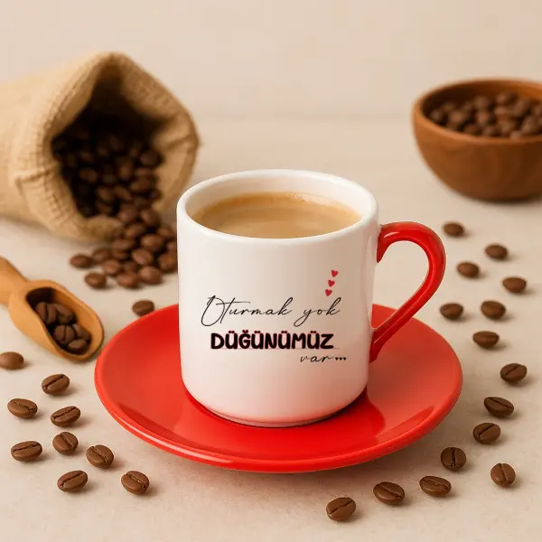 Düğünümüz Var Yazılı Kırmızı Kulplu Kahve Fincanı
