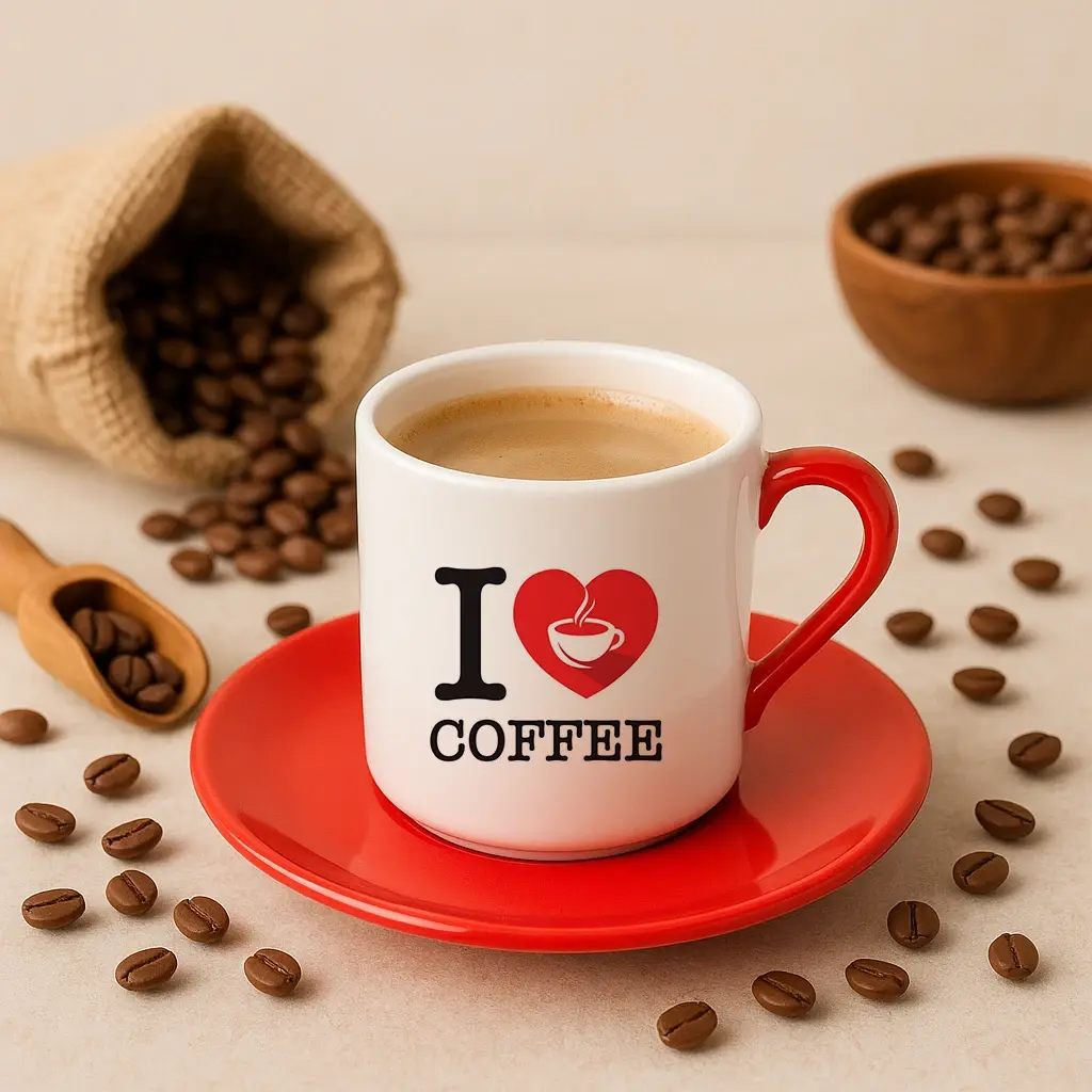 I Love Coffee Yazılı Kahve Fincanı Kırmızı Kalpli Tasarım