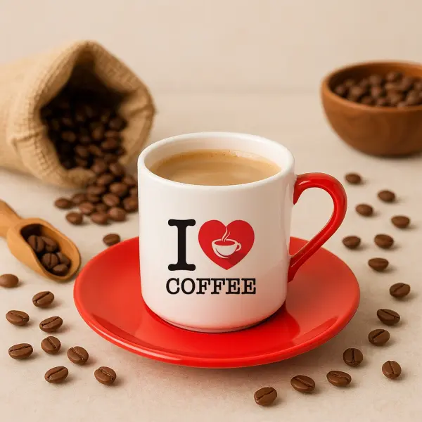 I Love Coffee Yazılı Kahve Fincanı Kırmızı Kalpli Tasarım