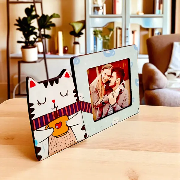 Kedi Figürlü Kahve Temalı 3D Dekoratif Fotoğraf Çerçevesi