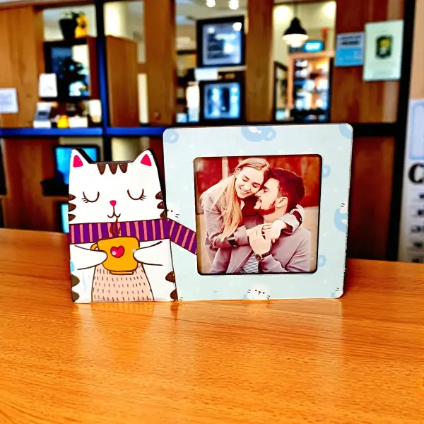Kedi Figürlü Kahve Temalı 3D Dekoratif Fotoğraf Çerçevesi