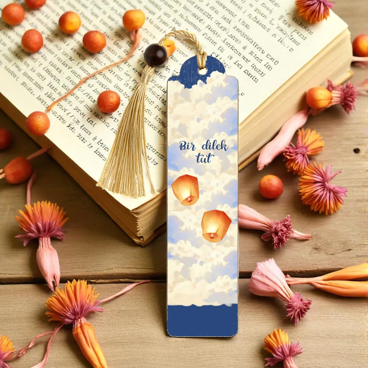 Bir Dilek Tut Kitap Ayracı Uçan Fener Balon Tasarımlı