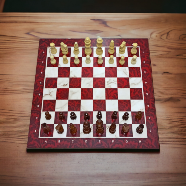 Kırmızı Desenli Özel Tasarım Ahşap Satranç Takımı 40x40 cm