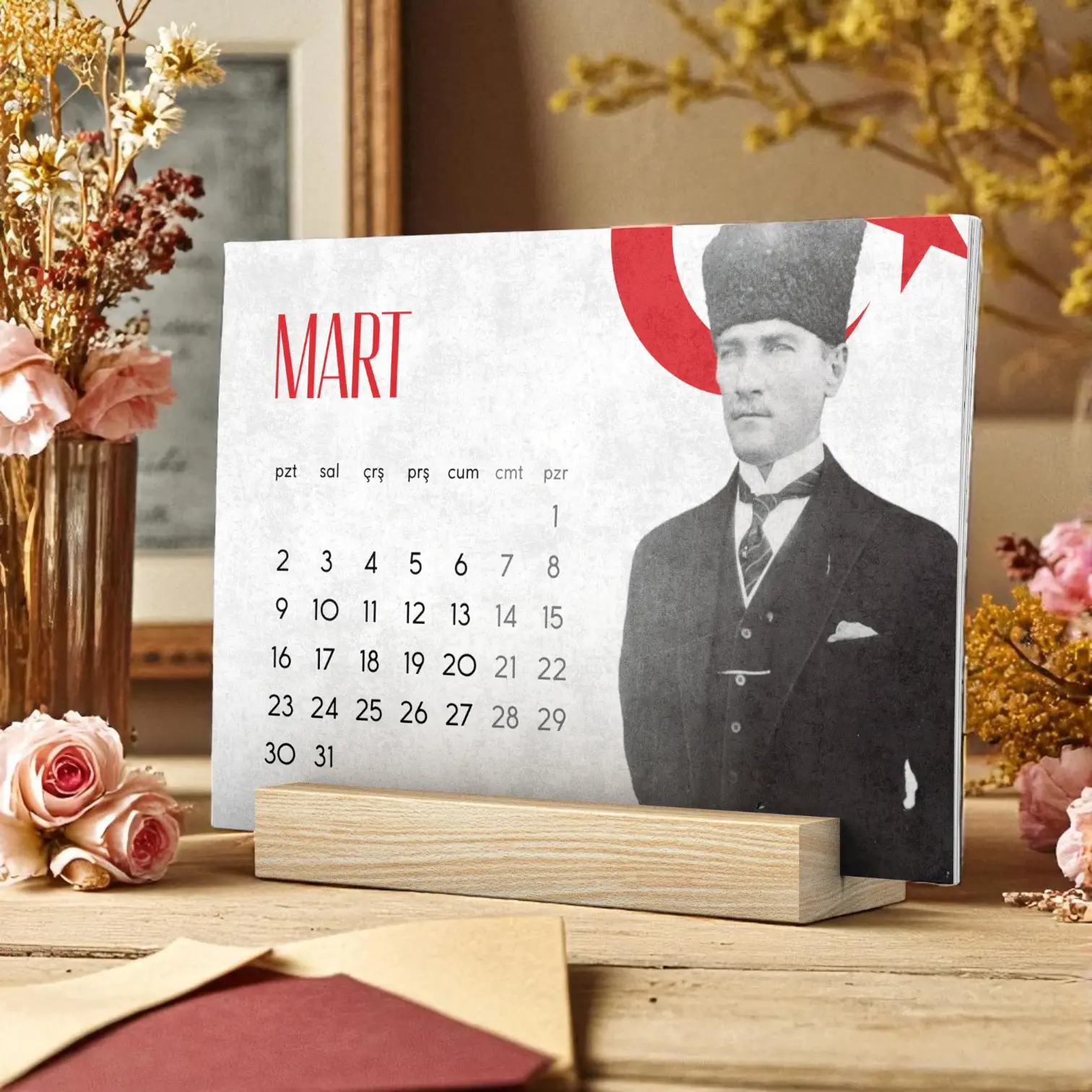 Atatürk Temalı Ahşap Kaideli Masaüstü Takvim