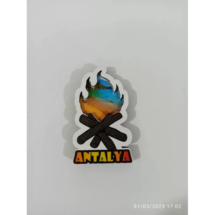 Ahşap Kabartmalı 3D Baskılı Antalya Kamp Ateşi Tasarımlı Magnet