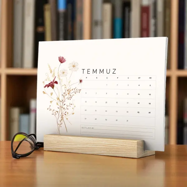 Çiçek Desenli Ahşap Kaideli Masaüstü Takvim