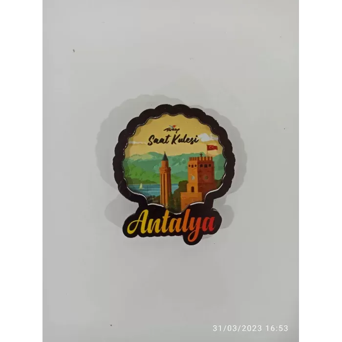 Ahşap Kabartmalı 3D Baskılı Antalya Saat Kulesi Tasarımlı Magnet