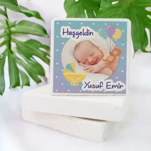 Kişiye Özel Resimli Bebek İçin Kare Doğal Taş Magnet 15 Adet