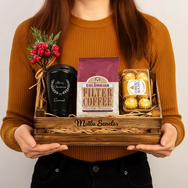 Kişiye Özel Yeni Yıl Hediye Kutusu Termos, Kahve ve Çikolata Seti
