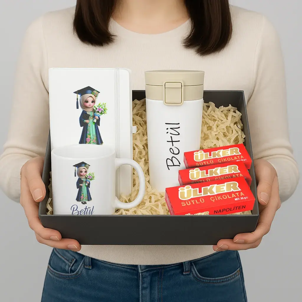 Kişiye Özel Mezuniyet Hediye Kutusu Termos, Kupa, Defter ve Çikolata Seti