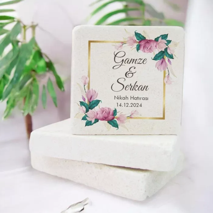 Kişiye Özel Pembe Lotus Tasarımlı Kare Doğal Taş Magnet 15 Adet