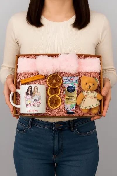 Kişiye Özel Arkadaşa Hediye Kutusu Kupa, Peluş Saç Bandı, Ayıcık ve El Kremi Seti