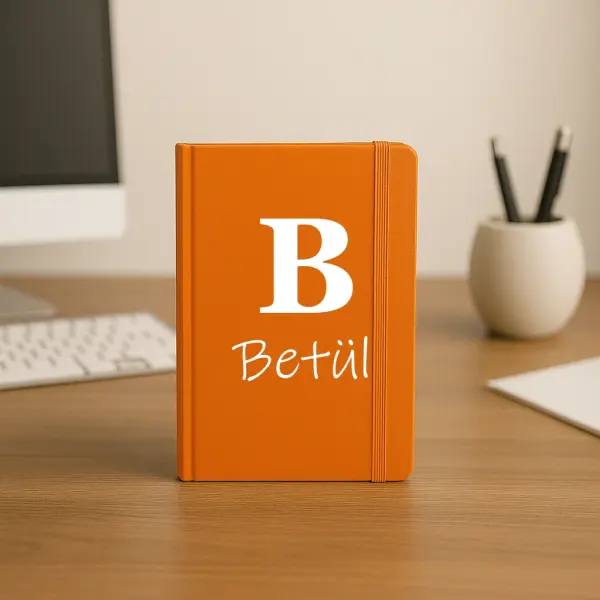 Kişiye Özel Turuncu Hediye Kutusu Defter, Kupa, Kolonya ve Eti Çikolata Seti