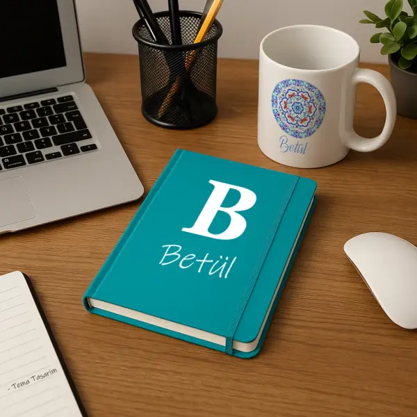 Kişiye Özel Turkuaz Hediye Kutusu Defter, Kupa, Kolonya ve Ülker Çikolata Seti