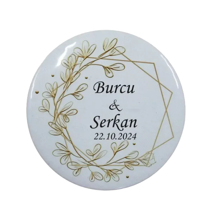 Kişiye Özel Nikah Hatırası Beşgen Tasarımlı Buton Açacak Magnet 58 mm 15 Adet