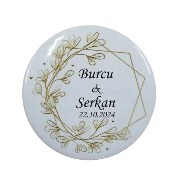 Kişiye Özel Nikah Hatırası Beşgen Tasarımlı Buton Açacak Magnet 58 mm 15 Adet