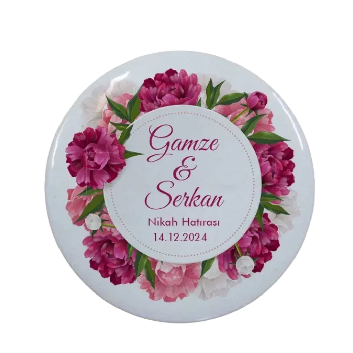Kişiye Özel Nikah ve Düğün Hatırası Pembe Tasarımlı Buton Açacak Magnet 58 mm