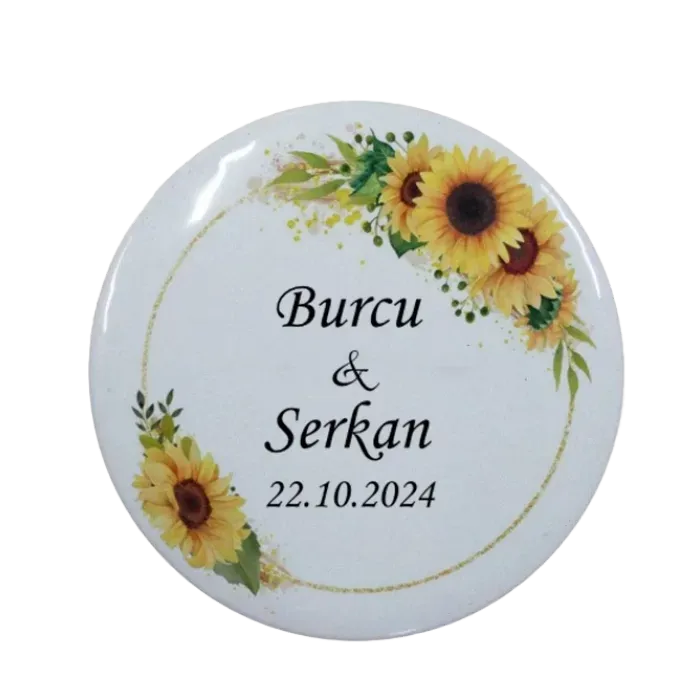 Kişiye Özel Söz Hatırası Ayçiçek Tasarımlı Buton Açacak Magnet 58 mm 15 Adet
