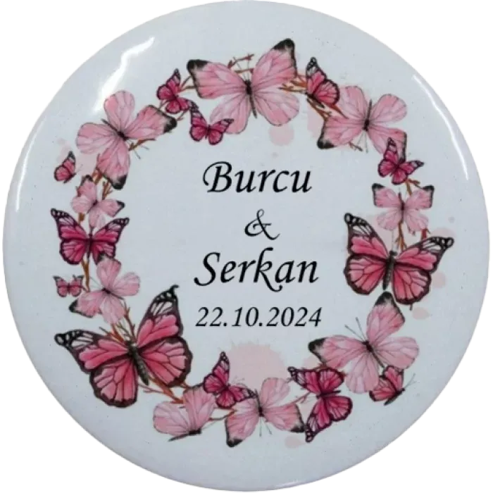 Kişiye Özel Nikah Hatırası Kelebek Tasarımlı Buton Açacak Magnet 58 mm 15 Adet