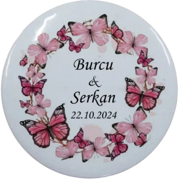 Kişiye Özel Nikah Hatırası Kelebek Tasarımlı Buton Açacak Magnet 58 mm 15 Adet