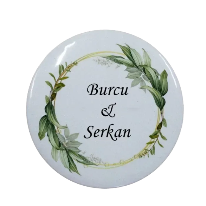 Kişiye Özel Nikah Hatırası Yeşil Yapraklar Tasarımlı Buton Açacak Magnet 58 mm 15 Adet