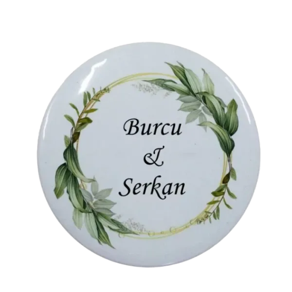 Kişiye Özel Nikah Hatırası Yeşil Yapraklar Tasarımlı Buton Açacak Magnet 58 mm 15 Adet