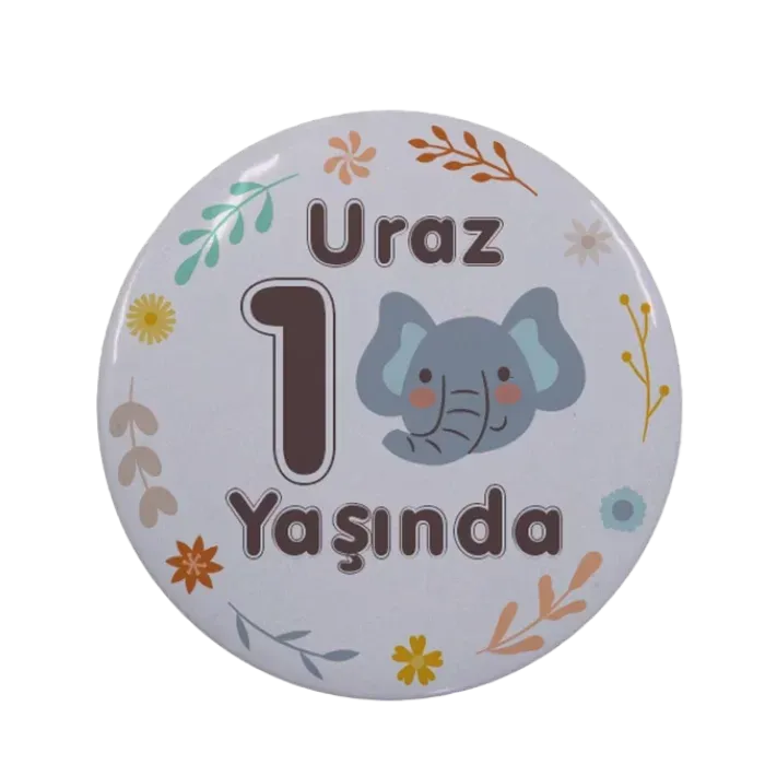 Kişiye Özel 1 Yaş Hatırası Fil Tasarımlı Buton Açacak Magnet 58 mm 15 Adet