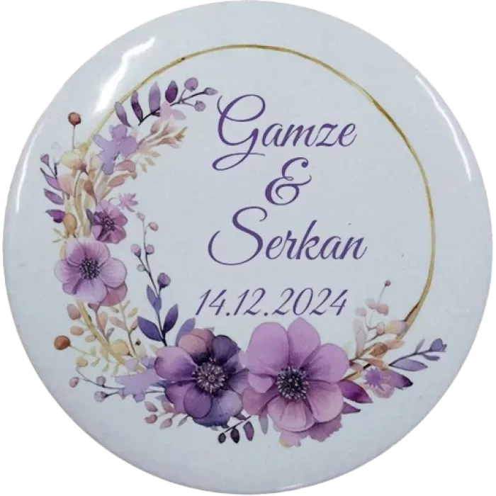 Kişiye Özel Nikah Hatırası Mor Çiçek Tasarımlı Buton Açacak Magnet 58 mm 15 Adet