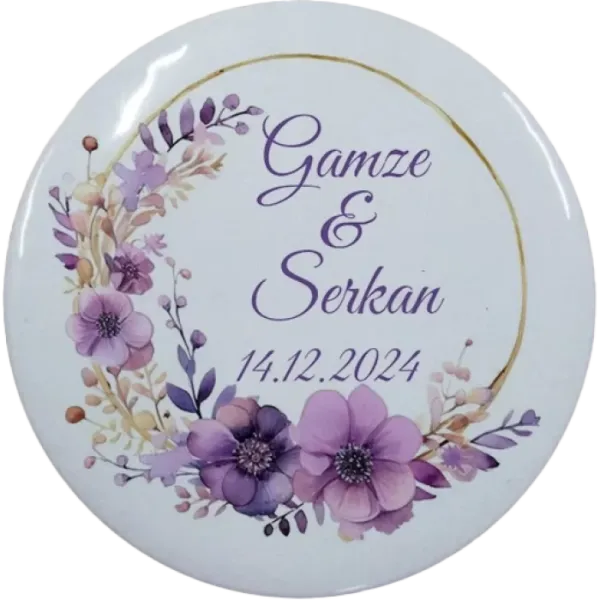 Kişiye Özel Nikah Hatırası Mor Çiçek Tasarımlı Buton Açacak Magnet 58 mm 15 Adet