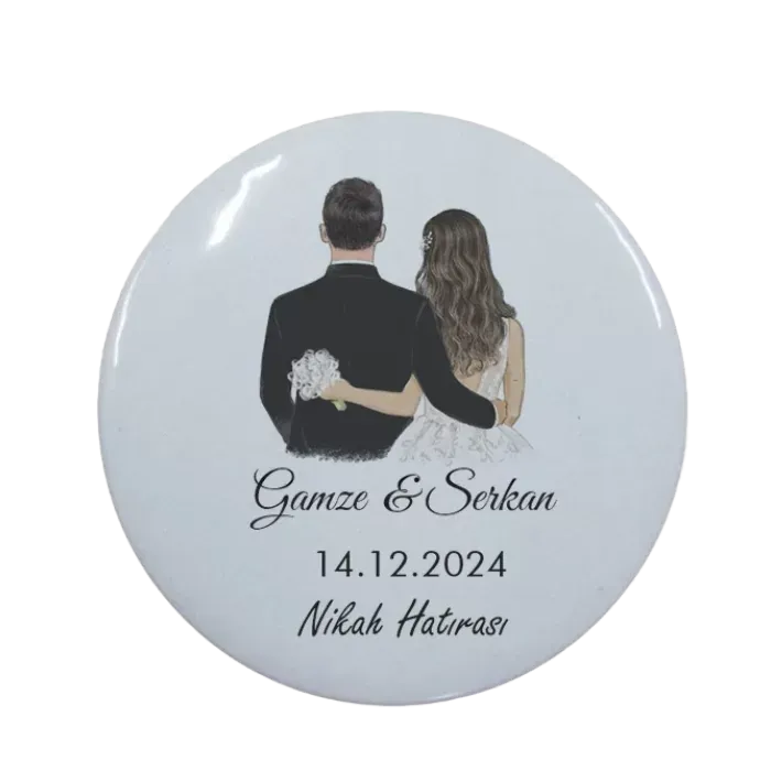 Kişiye Özel Nikah Hatırası Gelin Damat Tasarımlı Buton Açacak Magnet 58 mm 15 Adet