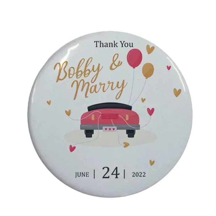 Kişiye Özel Nikah Hatırası Araba Tasarımlı Buton Açacak Magnet 58 mm 15 Adet