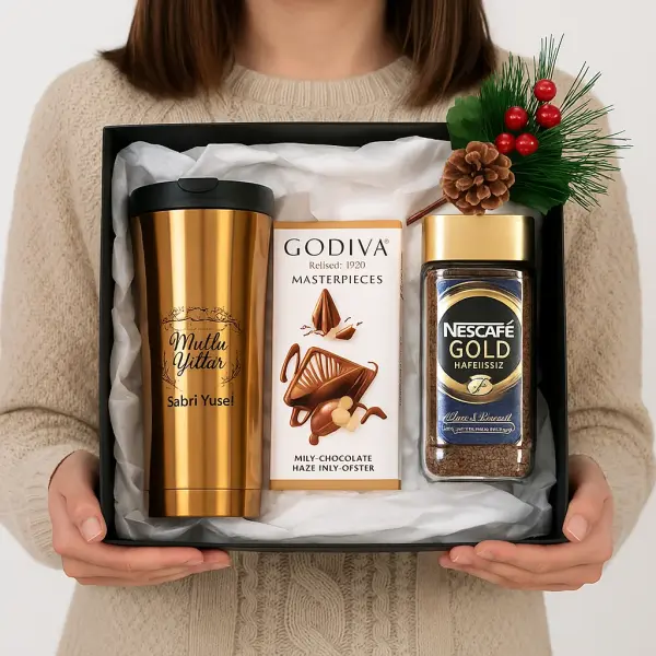 Kişiye Özel Premium Kahve Hediye Kutusu  Termos, Nescafe Gold ve Godiva Çikolata Seti