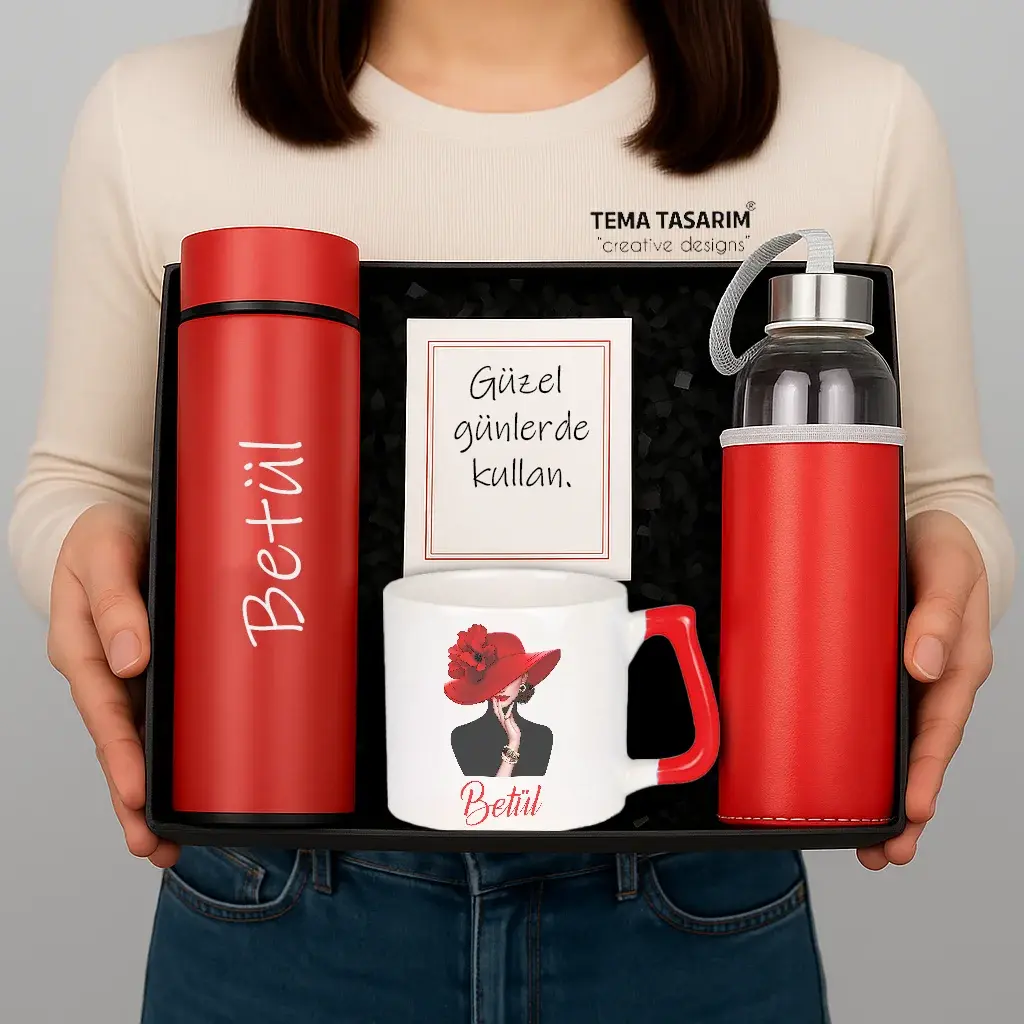 Kişiye Özel Kırmızı Hediye Kutusu – Termos, Kupa, Cam Matara ve Mesaj Kartı Seti