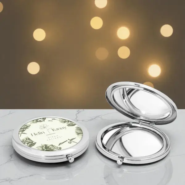 Kişiye Özel Nişan Hatırası Metal Cep Aynası Çiçekli Tasarım