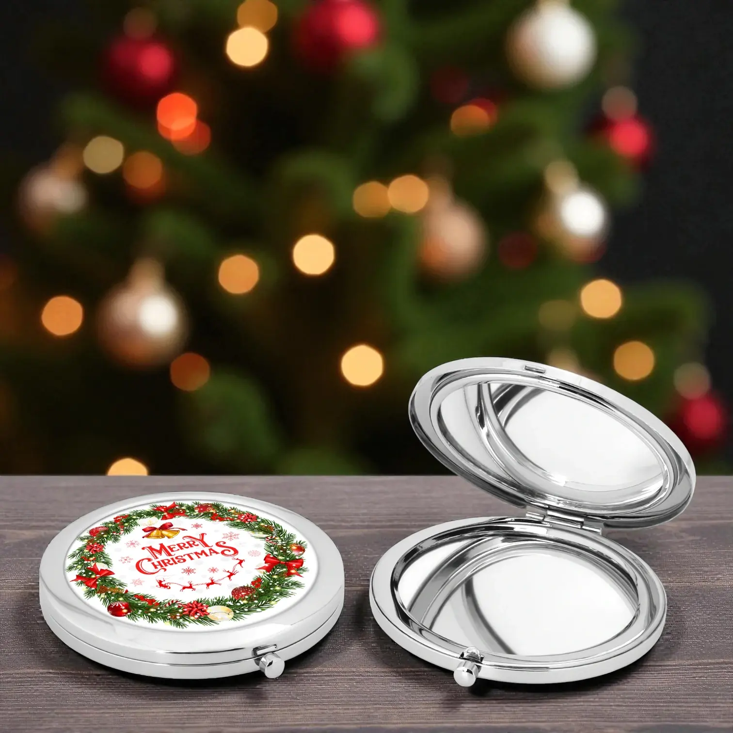 Merry Christmas Kırmızı Yeşil Çelenk Tasarımlı Metal Cep Aynası – Yılbaşı Hediyesi