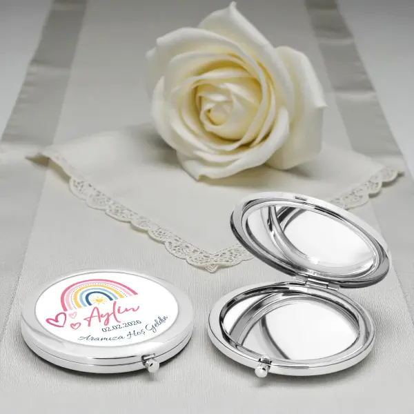 Gökkuşağı Temalı Kişiye Özel Metal Cep Aynası Aramıza Hoş Geldin Tasarımı