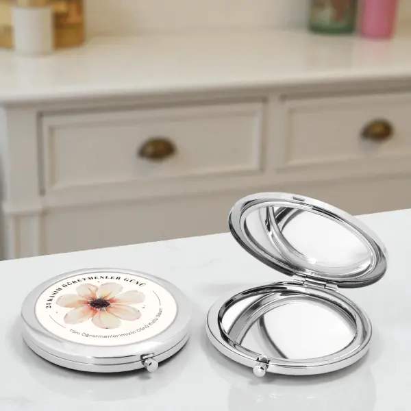 24 Kasım Öğretmenler Günü Çiçek Desenli Metal Cep Aynası  Özel Tasarım